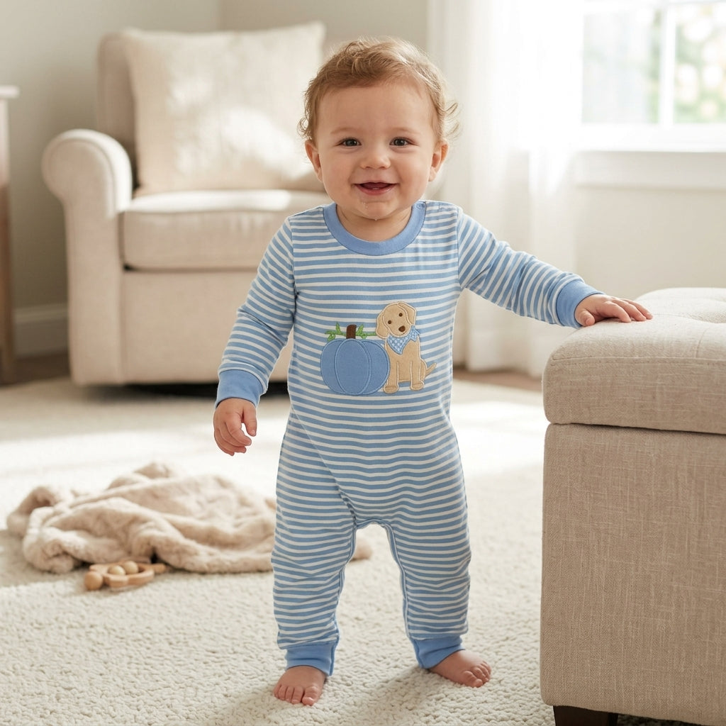 LR3141 Pumpkin Puppy Embroidery Blue Stripes Print Baby Boys Fall Long Sleeve Romper