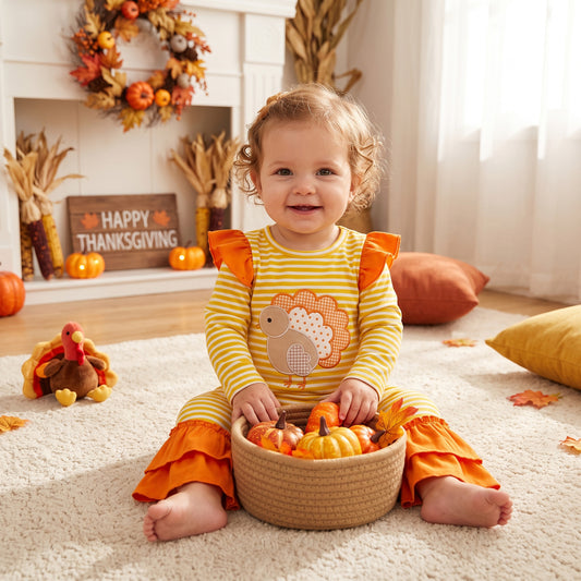 LR3144 Turkey Embroidery Stripes Print Baby Girls Thanksgiving Ruffle Romper