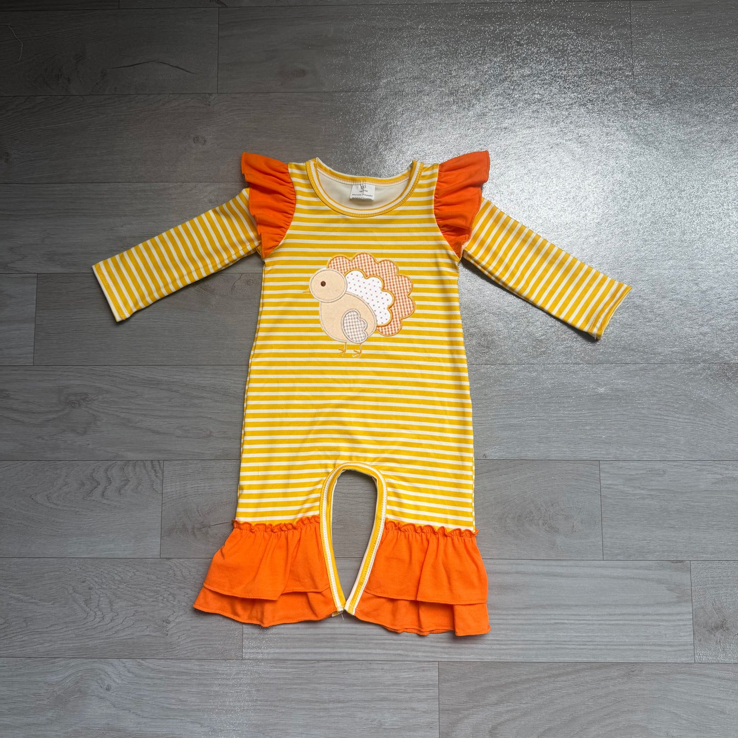 7.15 LR3144 Preorder Turkey Stripes Baby Girls Thanksgiving Romper
