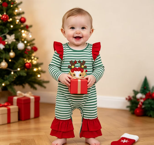 LR3145 Dog Embroidery Green Stripes Baby Girls Christmas Ruffle Romper