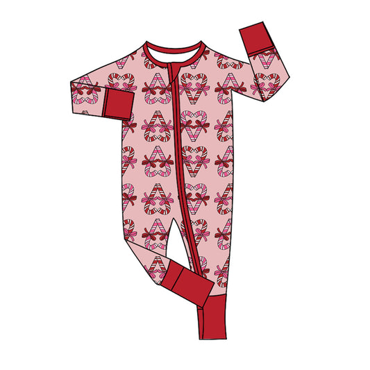 7.17 Preorder Christmas Candy Cane Long Sleeve Zipper Romper