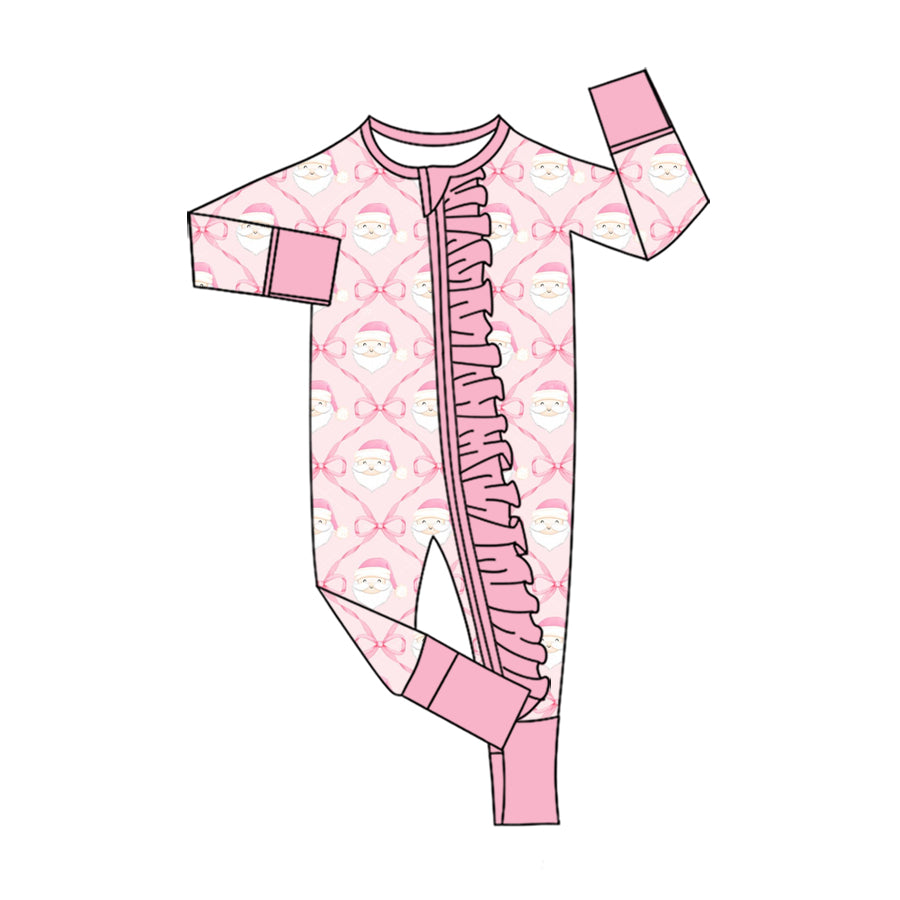 7.18 Preorder Christmas Santa Pink Bow Long Sleeve Zipper Romper