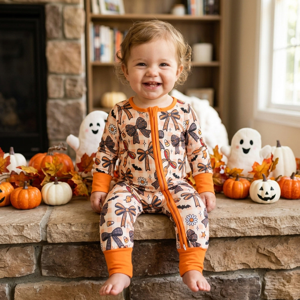 LR3161 Bows Candy Flowers Bat Baby Girls Halloween Long Sleeve Zipper Sleeper Romper