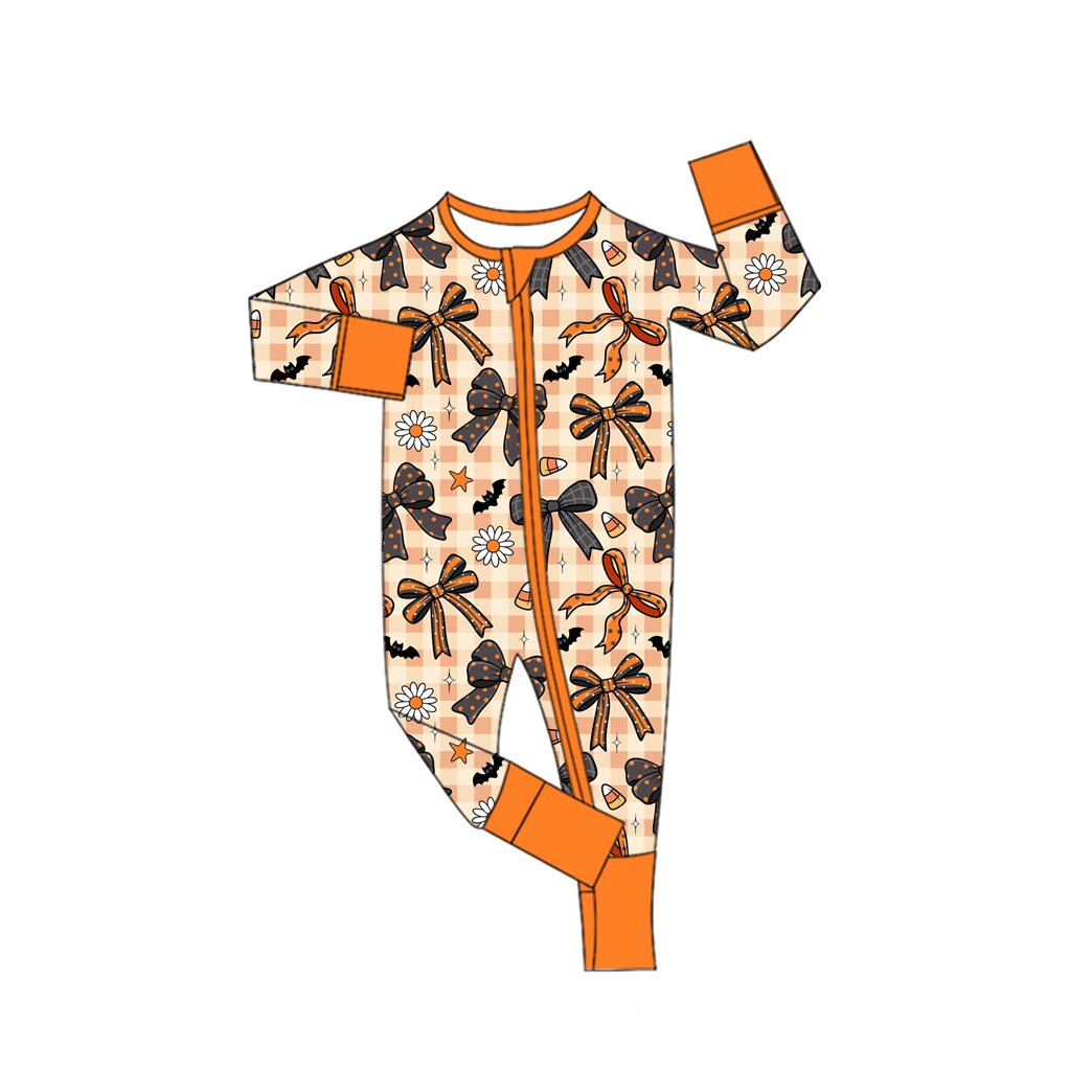 7.25 Preorder Baby GIrls Halloween Bow Long Sleeve Zipper Romper