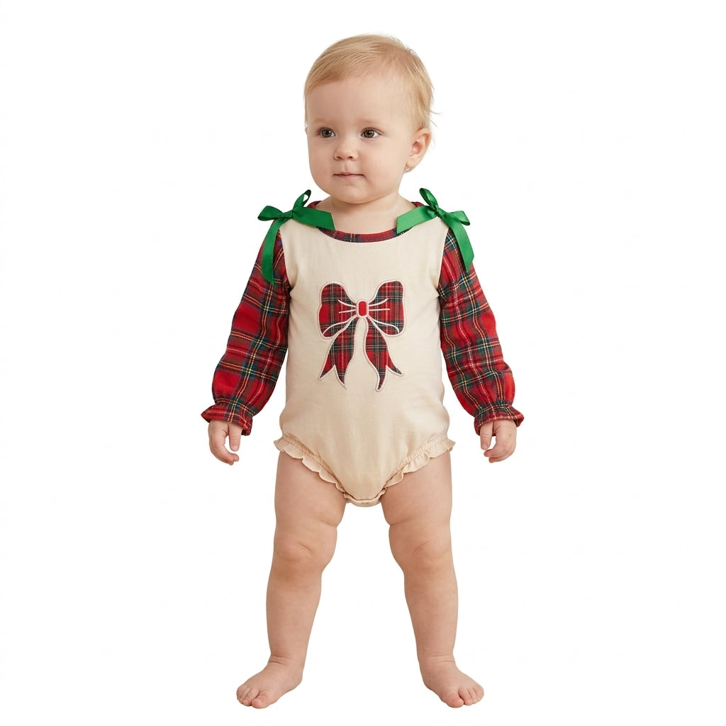 Baby Girls Christmas Plaid Bow Long Sleeve Romper