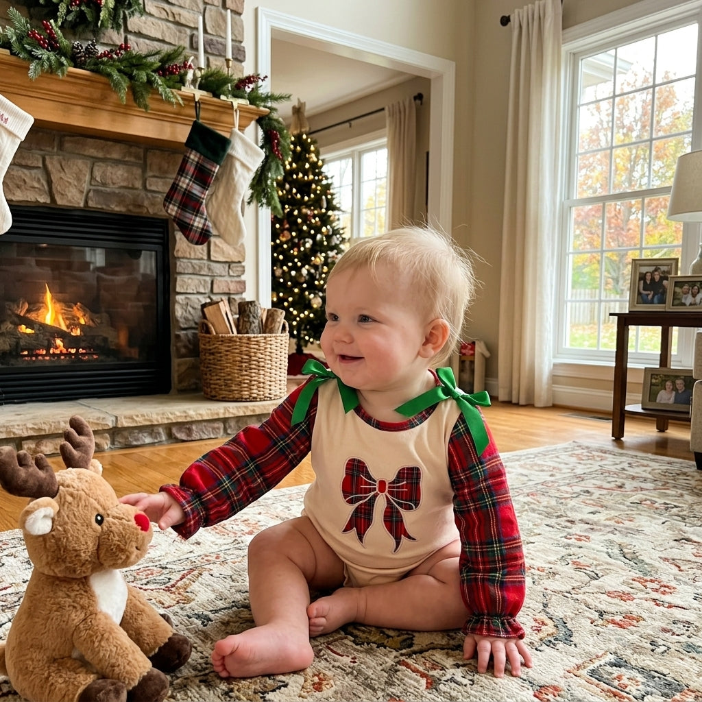 Baby Girls Christmas Plaid Bow Long Sleeve Romper