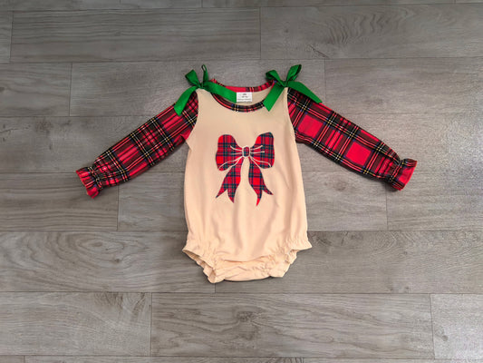 7.25 Preorder Baby Girls Christmas Plaid Bow Long Sleeve Romper