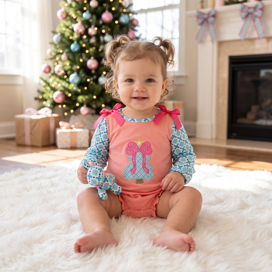 LR3164 Bow Tree Embroidery Checkered Print Baby Girls Christmas Clothes Set