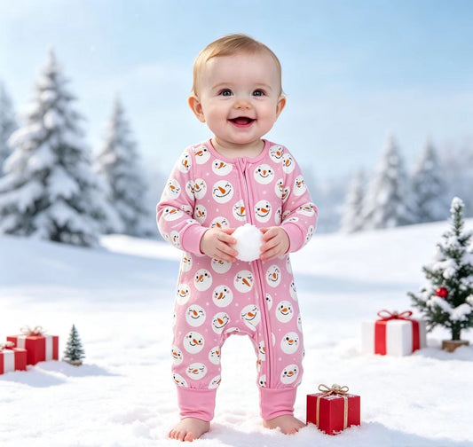 LR3165 Snowman Smiling Pink Baby Girls Christmas Zipper Sleeper Romper