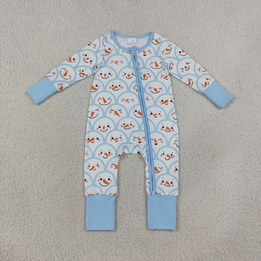 LR3166 Snowman Smiling Blue Print Baby Boys Christmas Zipper Sleeper Romper