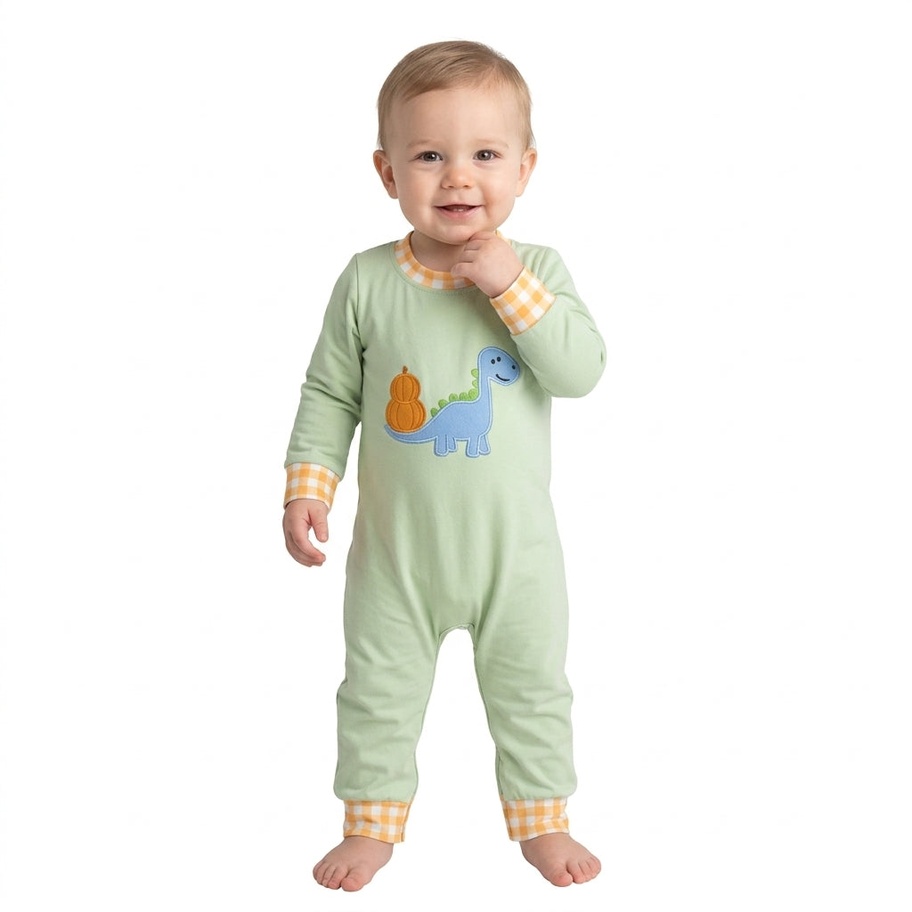 LR3168 Dino Pumpkin Embroidery Baby Boys Fall Romper