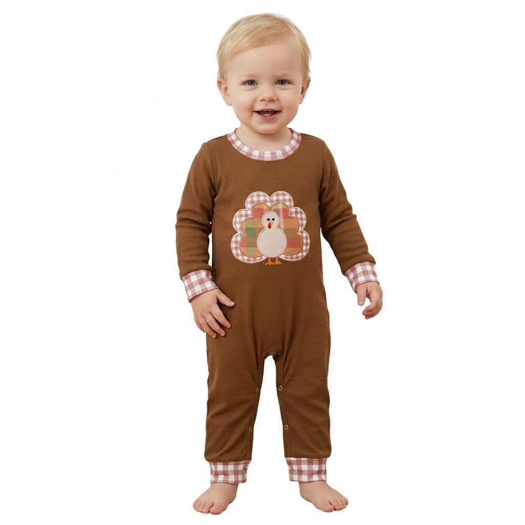 LR3170 Turkey Embroidery Brown Checkered Print Baby Boys Thanksgiving Romper