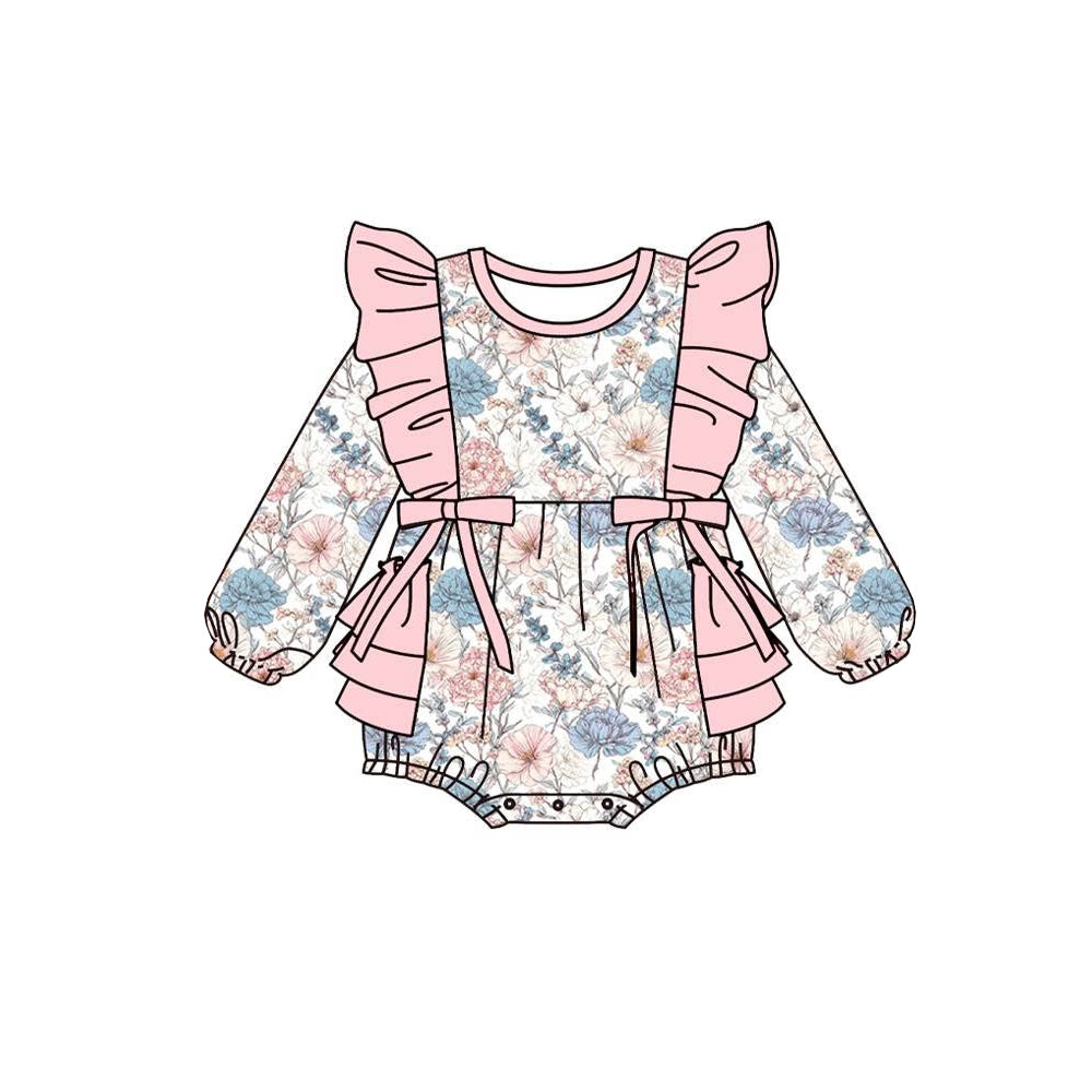 7.29 LR3182 Preorder Pink Blue Flowers Print Baby Girls Ruffle Romper