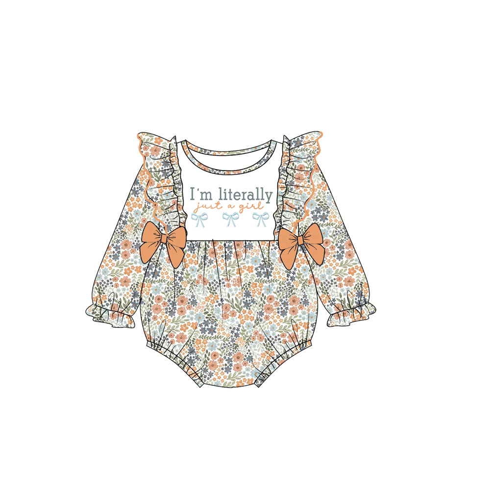 7.29 LR3184 Preorder Just A Girl Bows Flowers Print Baby Girls Romper