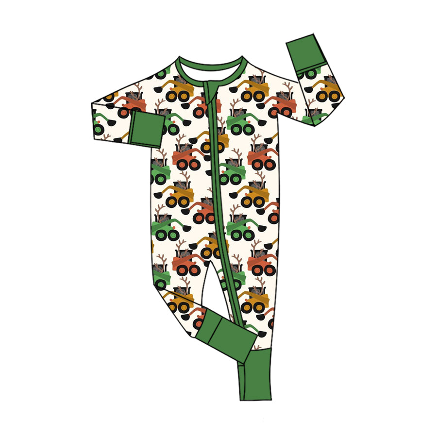 7.30   Preorder Baby Boys Tractor Reindeer  Long Sleeve Zipper Romper