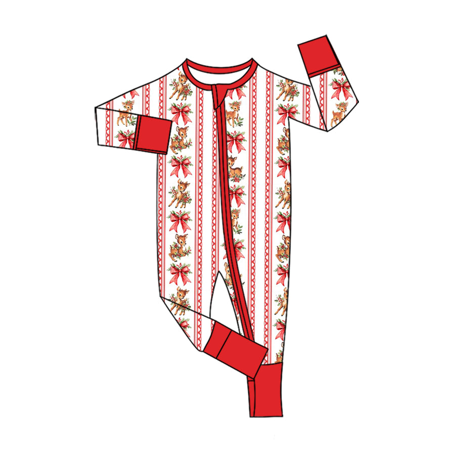 7.30   Preorder Baby Girls Deer Red Bow Stripe Christmas Long Sleeve Zipper Romper