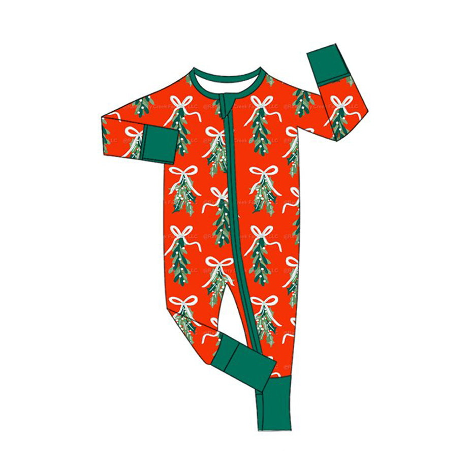 7.30   Preorder Baby Girls Red Mistletoe Bow Long Sleeve Zipper Romper