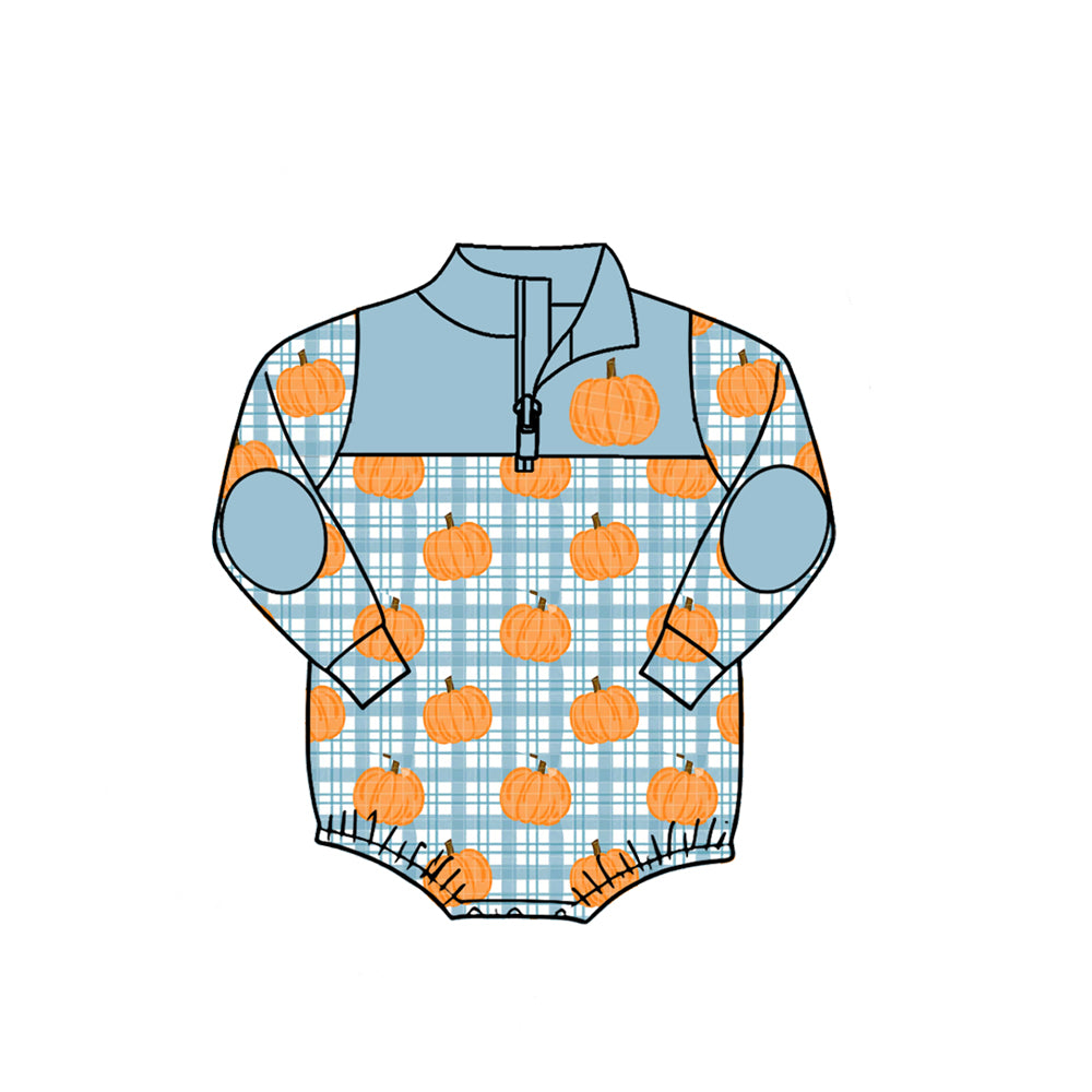 7.31 LR3201 Preorder Pumpkin Checkered Blue Baby Boys Fall Long Sleeve Zipper Romper