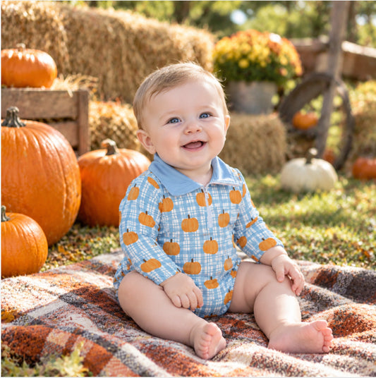 LR3201 Pumpkin Checkered Blue Baby Boys Fall Long Sleeve Zipper Romper