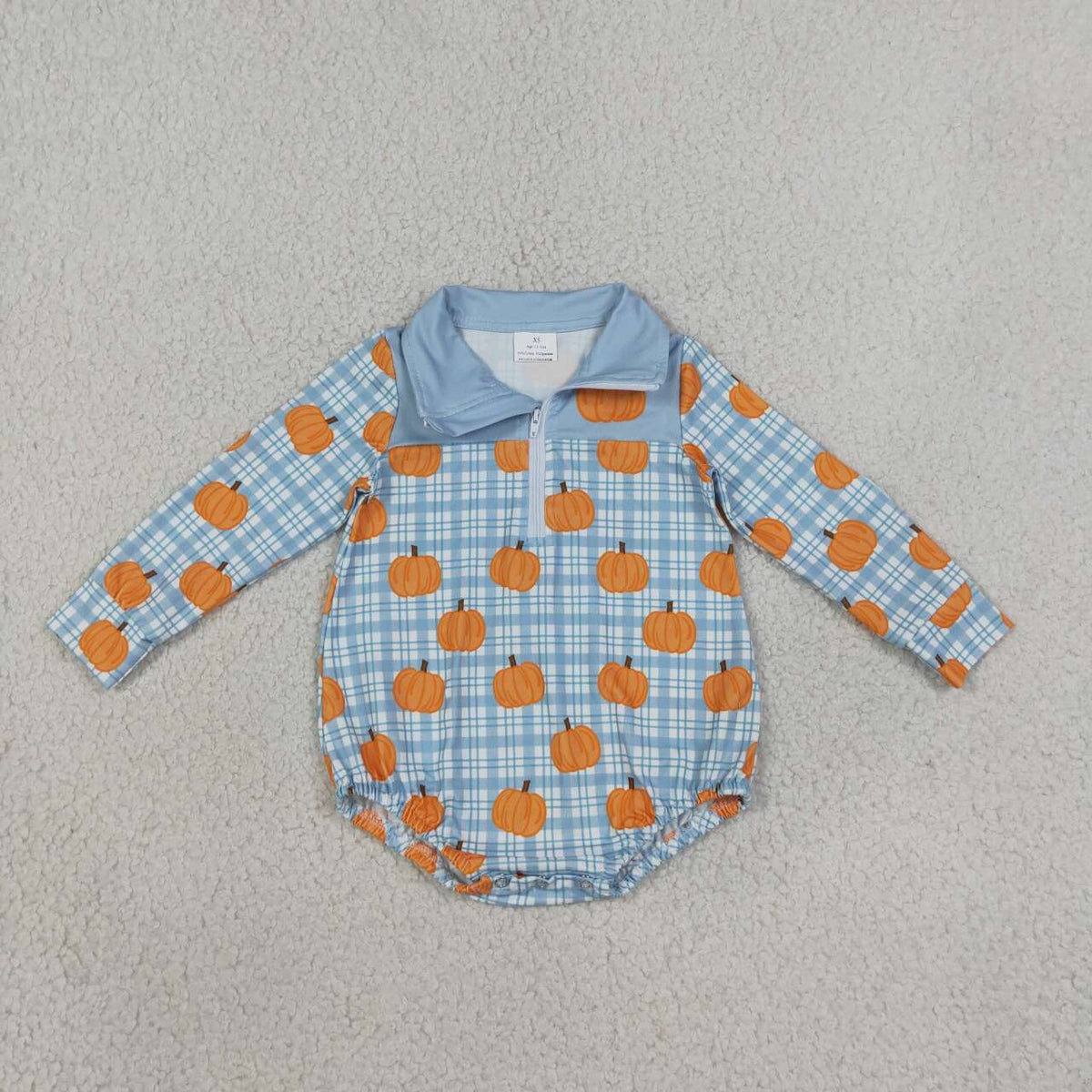 LR3201 Pumpkin Checkered Blue Baby Boys Fall Long Sleeve Zipper Romper