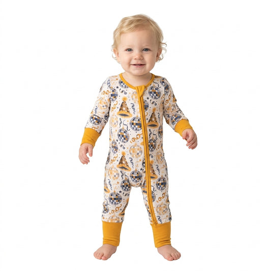 LR3212 Disco Ball Stars Baby Happy New Year Zipper Sleeper Romper