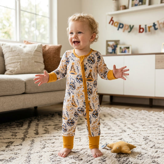 LR3212 Disco Ball Stars Baby Happy New Year Zipper Sleeper Romper