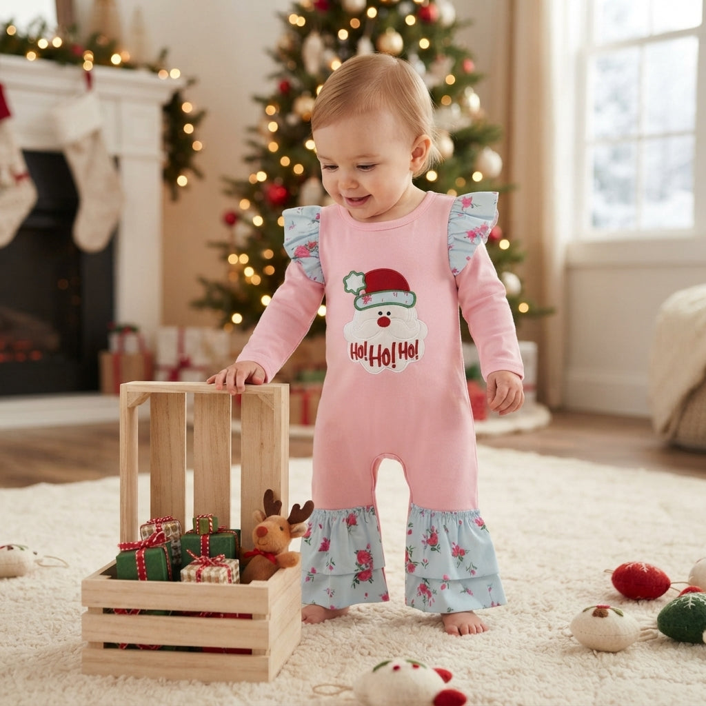 LR3215 HOHOHO Santa Embroidery Pink Baby Girls Christmas Ruffle Romper