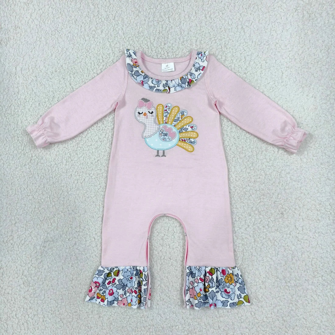 Sibling Baby Girls Holiday Embroidery Turkey Pumpkin Fall Long Sleeve Pants Romper