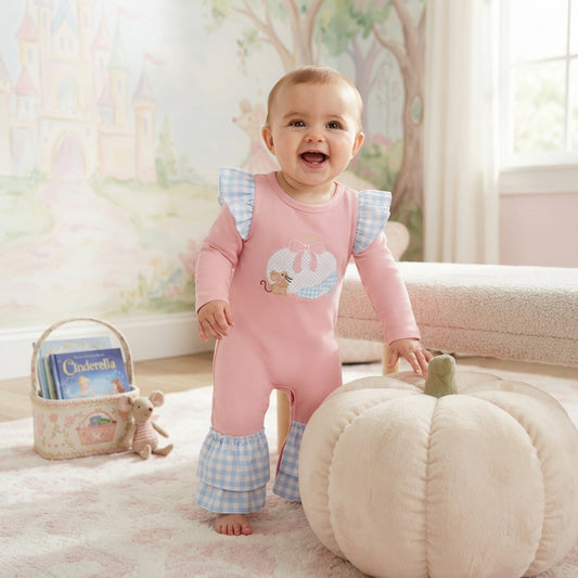 LR3217 Pumpkin Mouse Pink Baby Girls Long Sleeve Romper with Ruffle