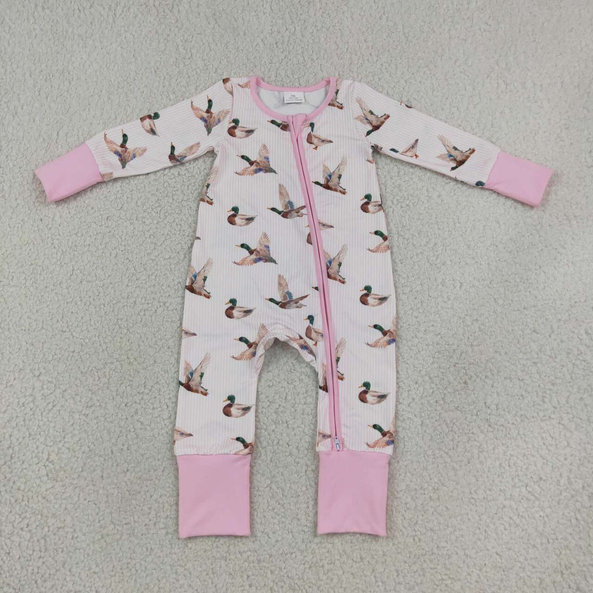 Baby Girls Mallard Duck Pink Striped Long Sleeve Zipper Romper