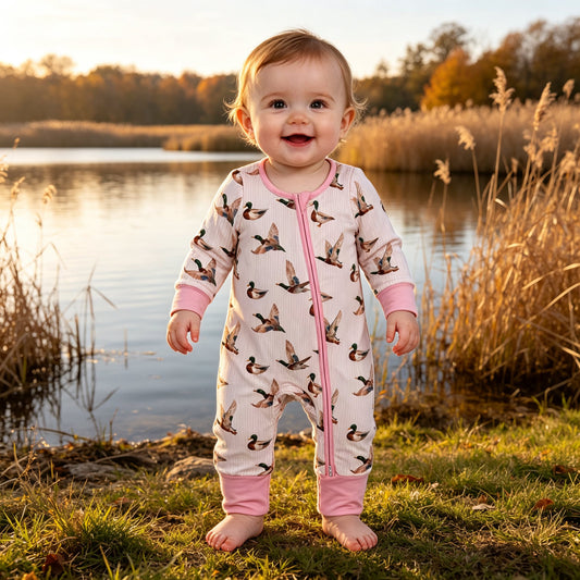 LR3218 Mallard Duck Pink Striped Baby Girls Long Sleeve Zipper Sleeper Romper