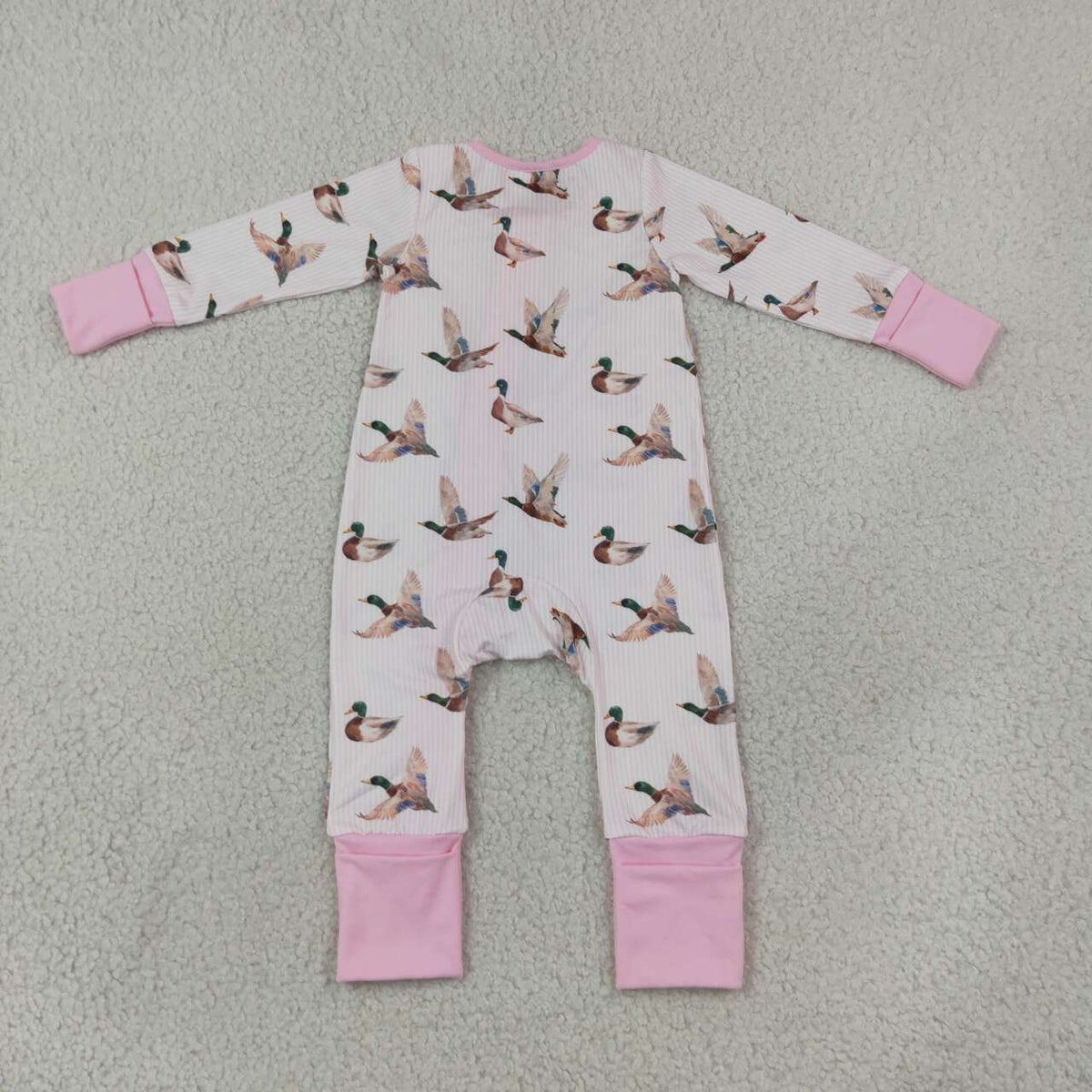 Baby Girls Mallard Duck Pink Striped Long Sleeve Zipper Romper