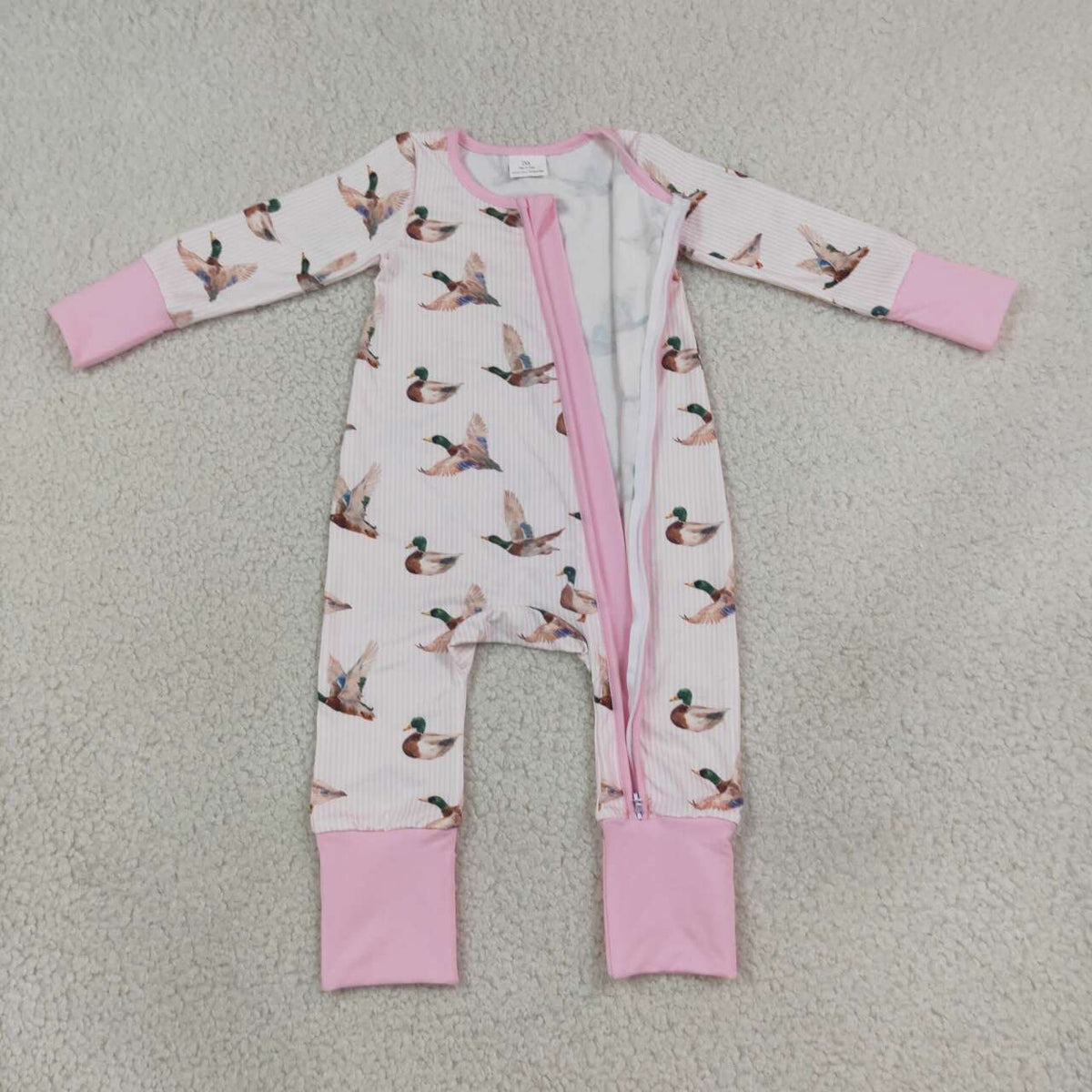 Baby Girls Mallard Duck Pink Striped Long Sleeve Zipper Romper