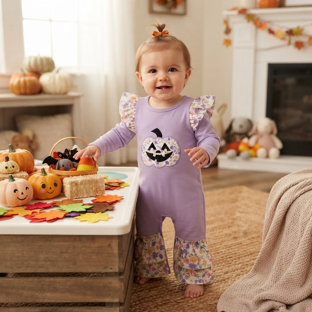 LR3221 Pumpkin Embroidery Floral Purple Baby Girls Halloween Ruffle Romper