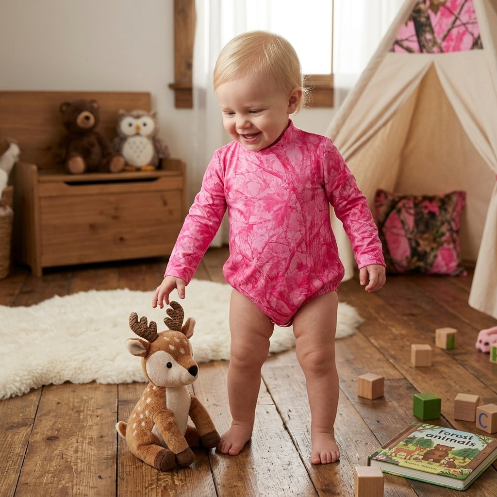 LR3224 Pink Branch Print Baby Girls Mock Neck Long Sleeve Bubble Romper