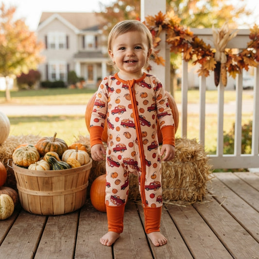 LR3234 Pumpkin Truck Baby Boys Long Sleeve Zipper Sleeper Romper