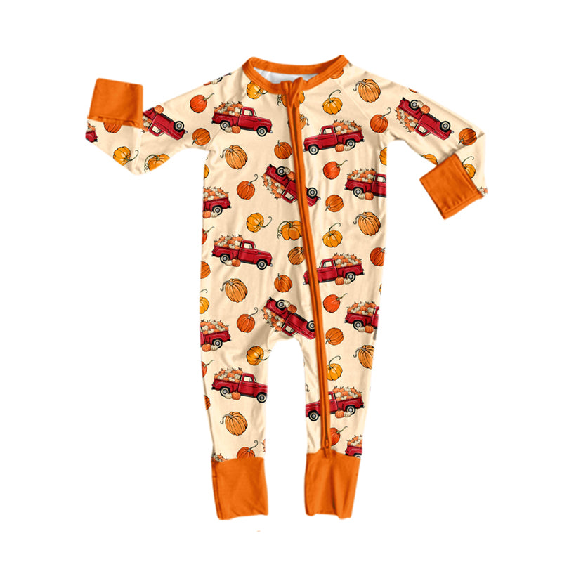 8.6  Preorder Baby Boys Pumpkin Truck Long Sleeve Zipper Romper