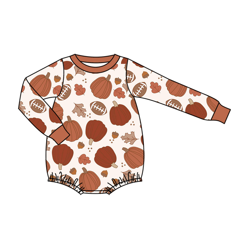 8.6  Preorder Baby Boys Fall Pumokin Football  Long Sleeve Bubble Romper