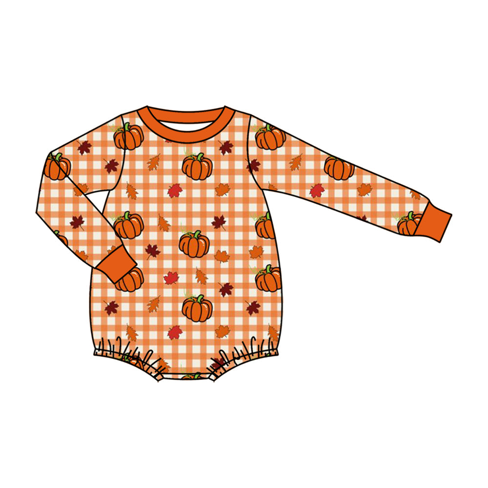 8.6  Preorder Baby Boys Fall Pumokin Gingham Long Sleeve Bubble Romper