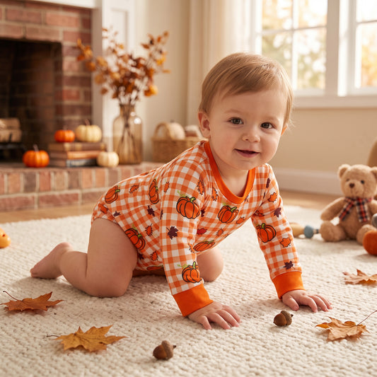 LR3236 Pumpkin Leaf Orange Checkered Baby Boys Fall Long Sleeve Bubble Romper