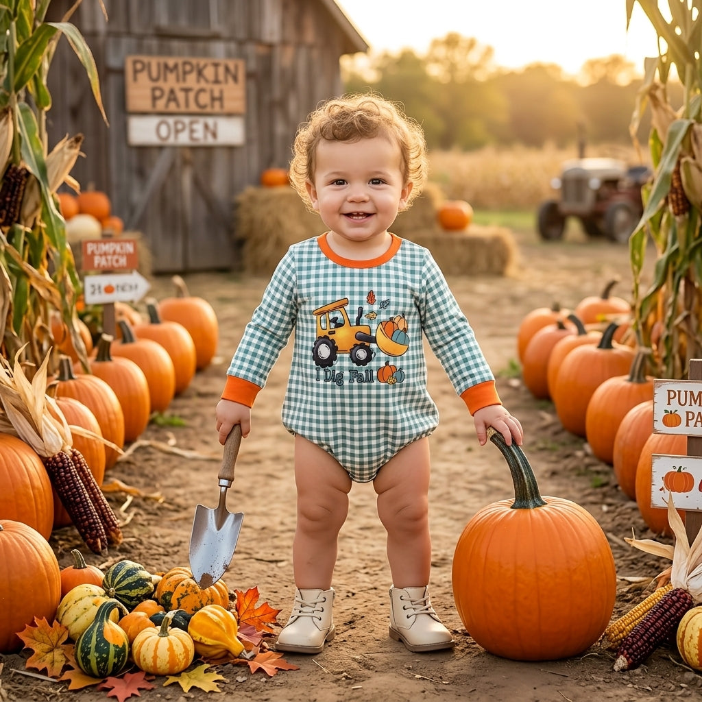 LR3237 I Dig Fall Bulldozer Pumpkin Checkered Baby Boys Fall Romper