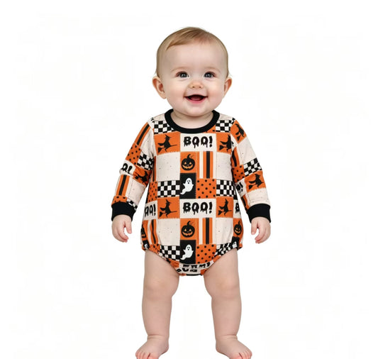 LR3239 Pumpkin Ghost BOO! Checkered Baby Boys Halloween Long Sleeve Bubble Romper