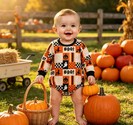 LR3239 Pumpkin Ghost BOO! Checkered Baby Boys Halloween Long Sleeve Bubble Romper