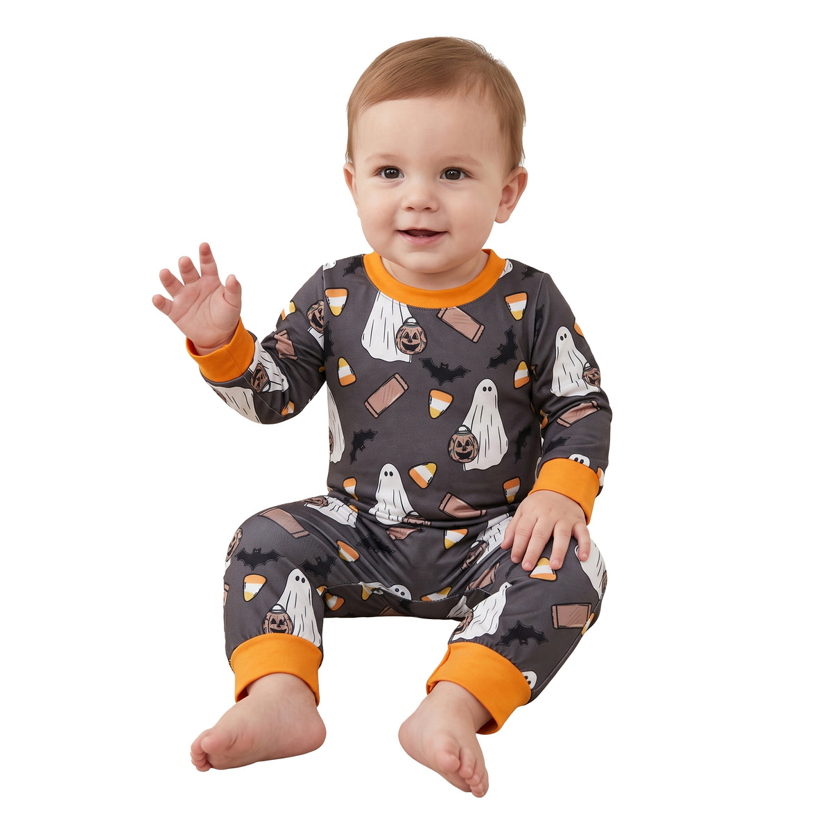 LR3241 Ghost Bat Candy Baby Boys Halloween Long Sleeve Romper