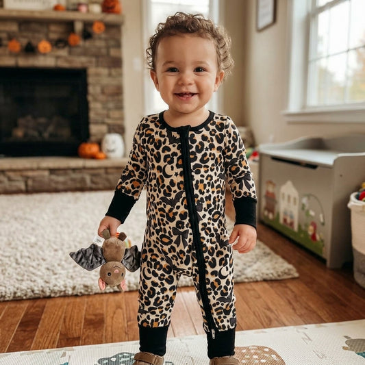 LR3242 Bat Bows Leopard Baby Girls Halloween Long Sleeve Zipper Sleeper Romper
