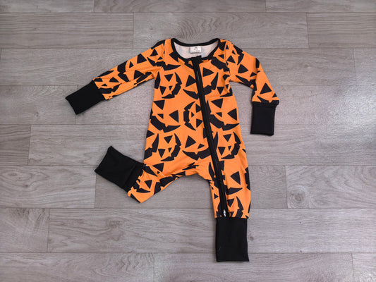 LR3243 Preorder Smiling Orange Print Baby Halloween Sleeper Zipper Romper