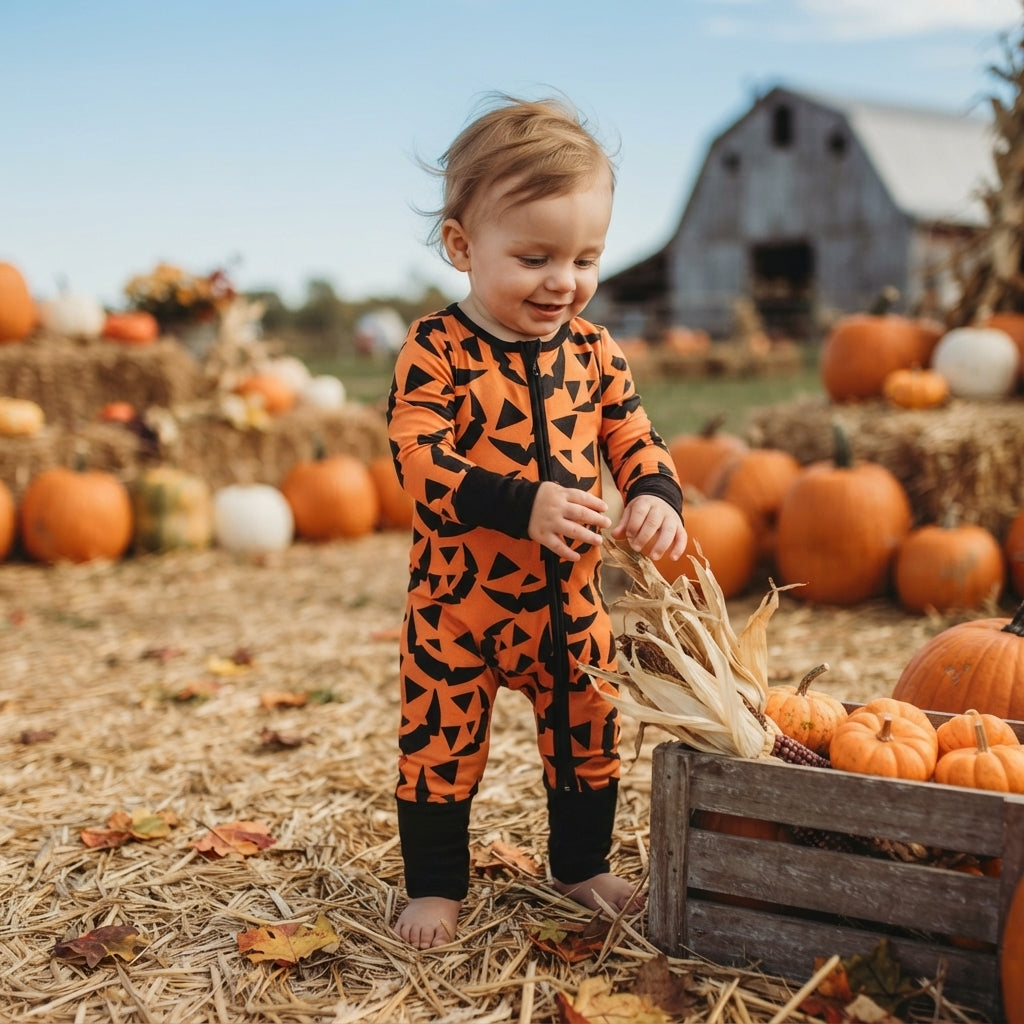 LR3243 Smiling Orange Print Baby Halloween Sleeper Zipper Romper