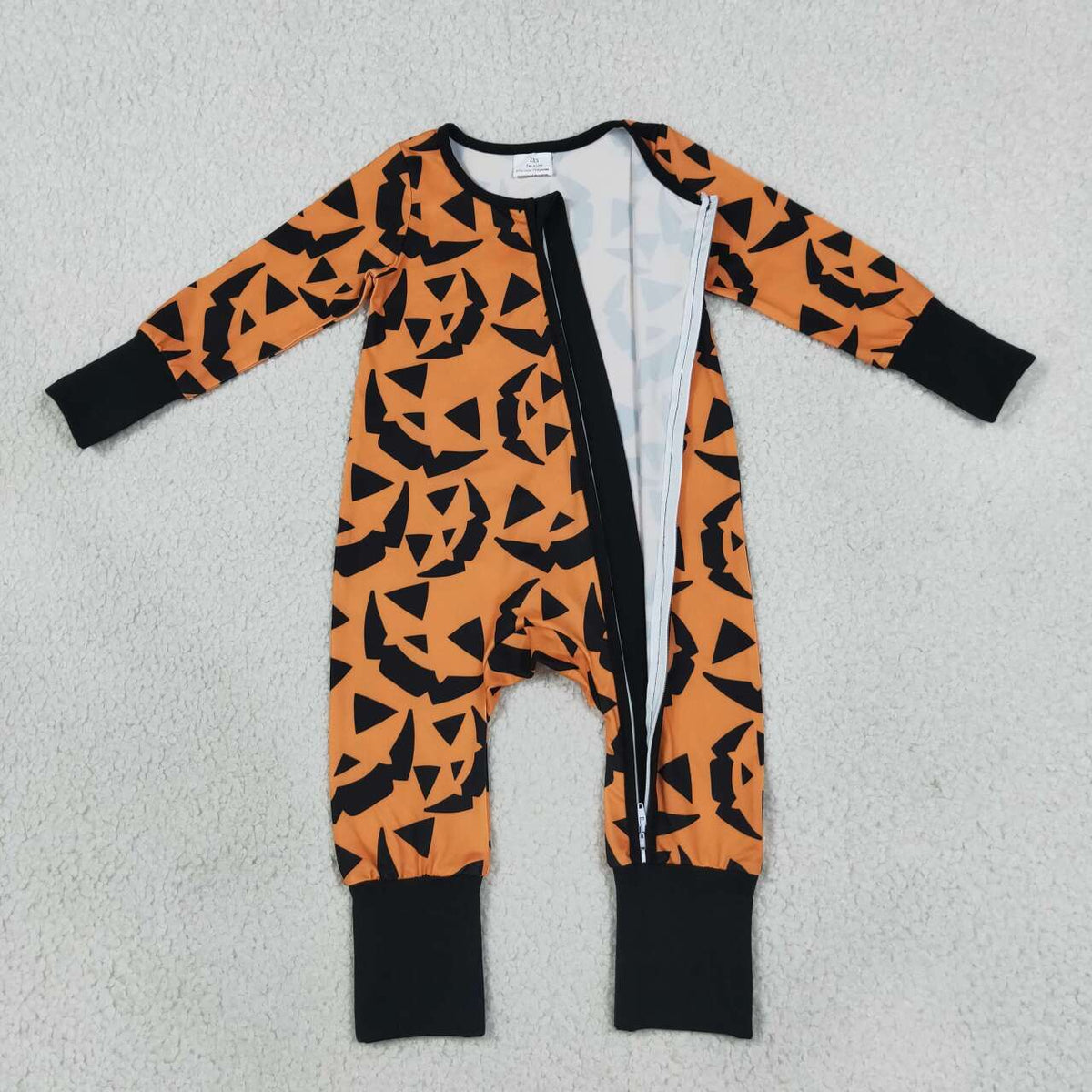 LR3243 Smiling Orange Print Baby Halloween Sleeper Zipper Romper