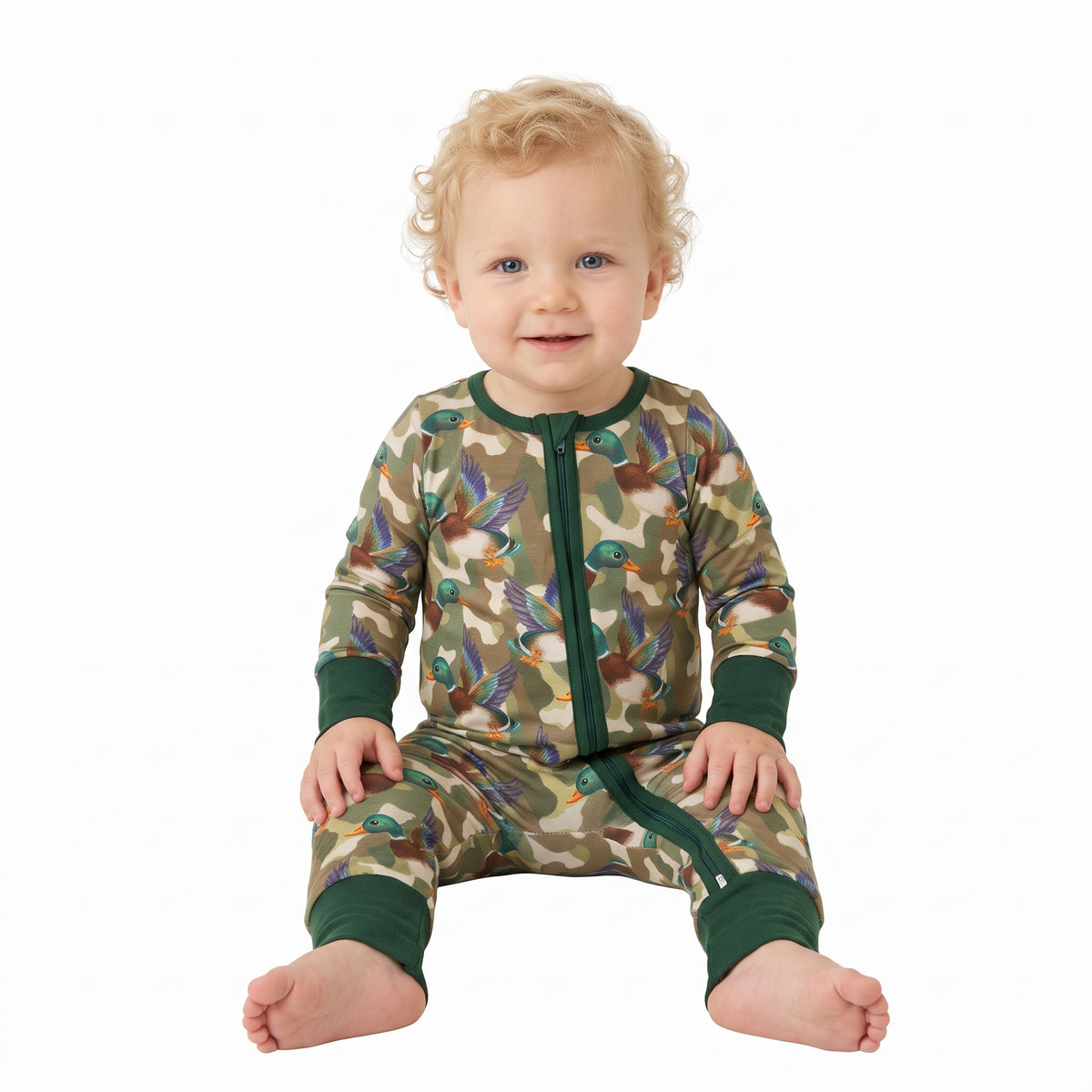 LR3249 Duck Green Camo Print Baby Boys Long Sleeve Zipper Sleeper Romper
