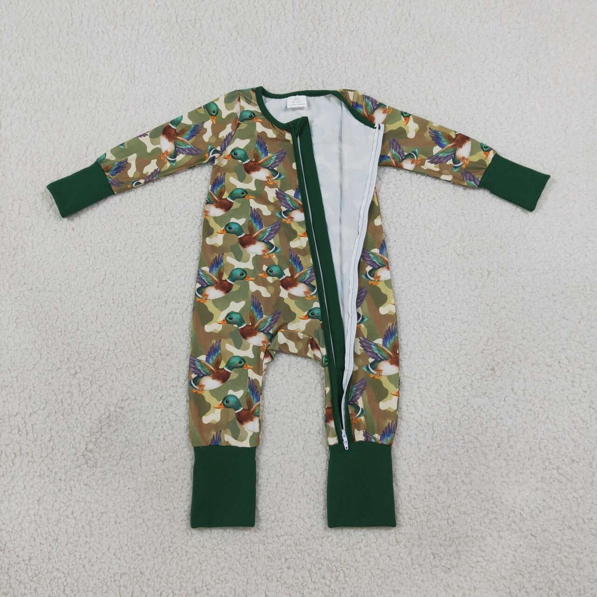 LR3249 Duck Green Camo Print Baby Boys Long Sleeve Zipper Sleeper Romper